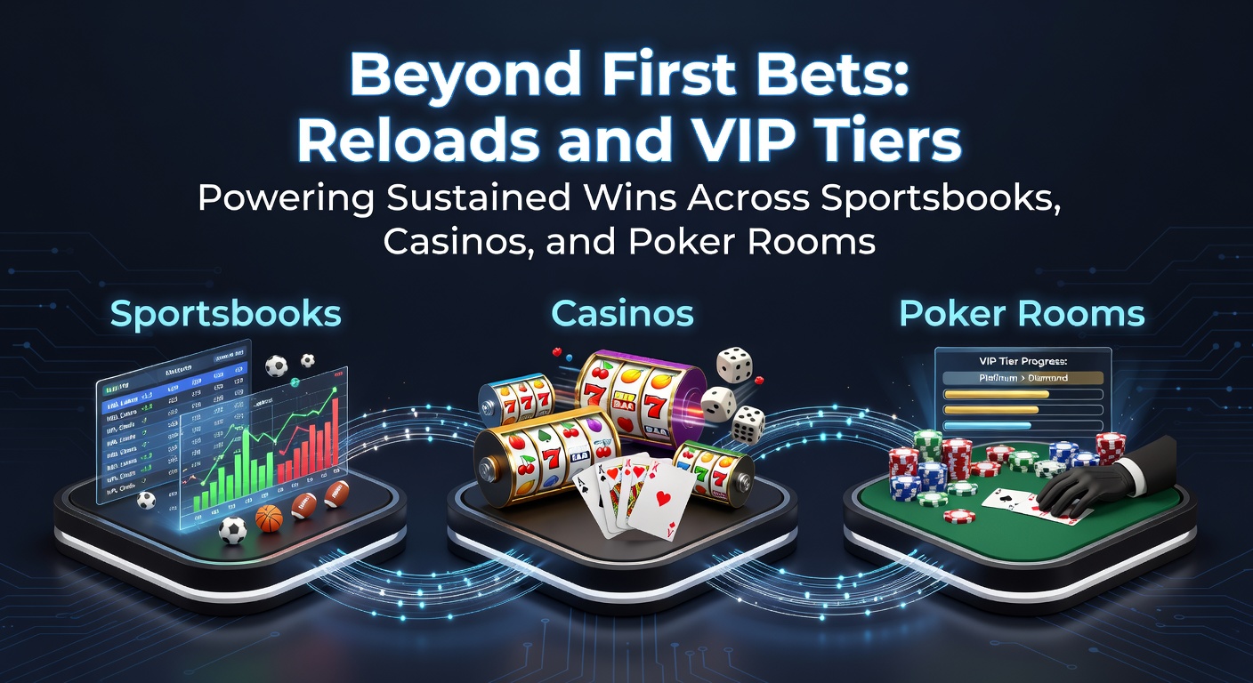 Illustration of a player climbing VIP tiers with reload bonus icons stacking up across sportsbook, casino, and poker platforms