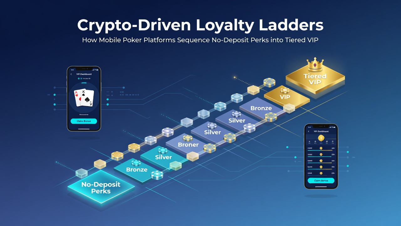 Diagram depicting tiered VIP levels in a poker app with crypto payout flows and progression arrows