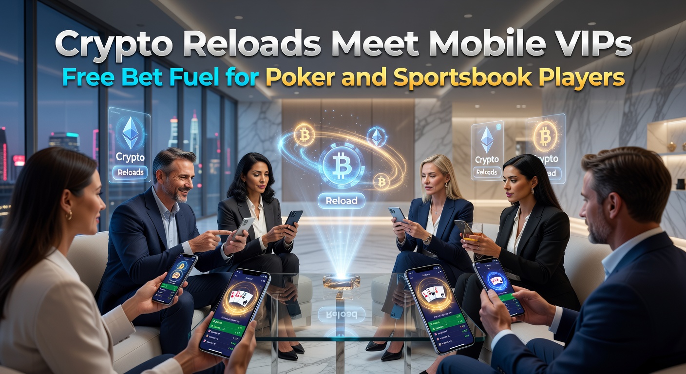 Illustration of cryptocurrency icons merging with mobile betting apps and VIP badges, highlighting reload bonuses turning into free bets for poker tables and sports events
