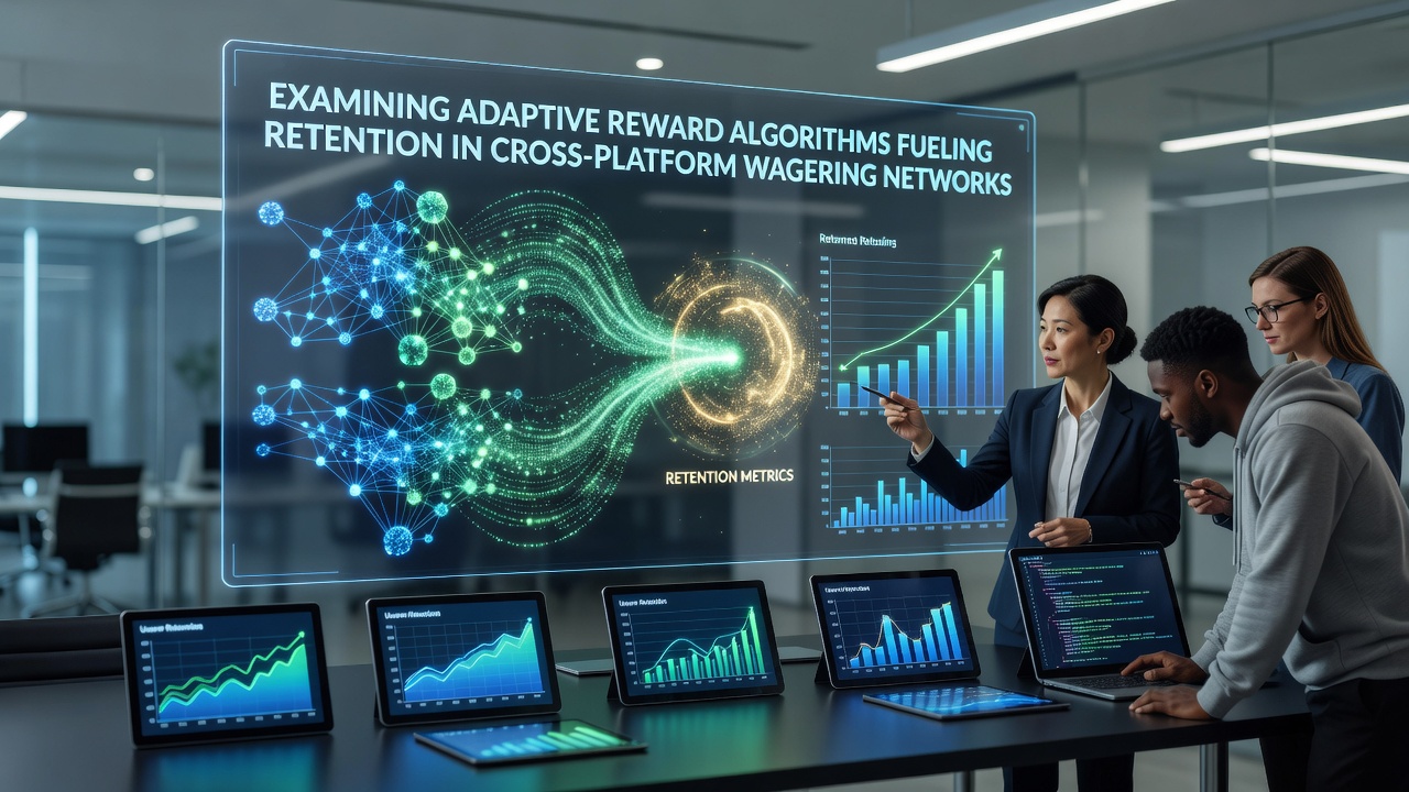 Visual representation of adaptive reward algorithms in cross-platform wagering networks showing data flows and user retention metrics