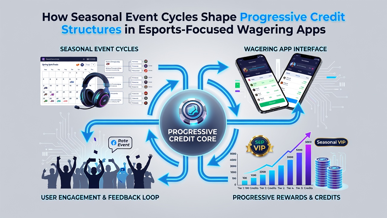 Esports tournament scene with digital overlays showing credit progression tiers in a wagering app interface