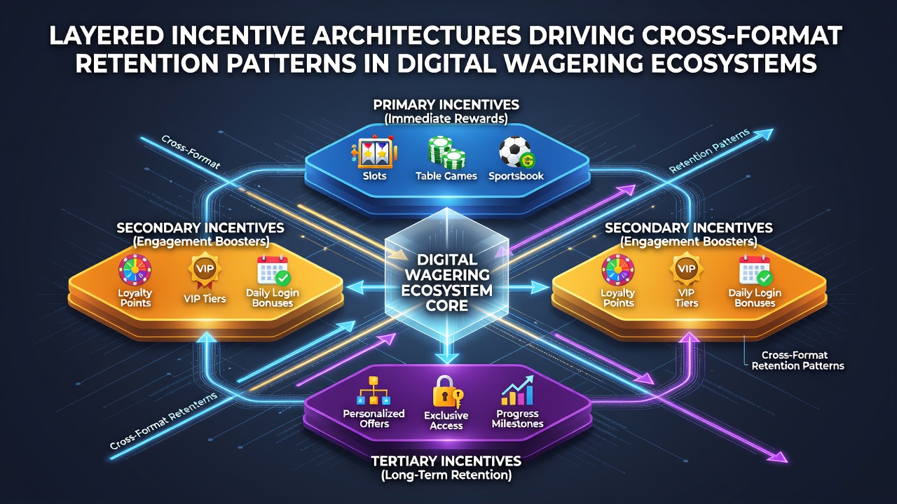 Diagram illustrating layered incentive architecture with tiers connecting sports betting, casino games, and poker rooms in a digital ecosystem