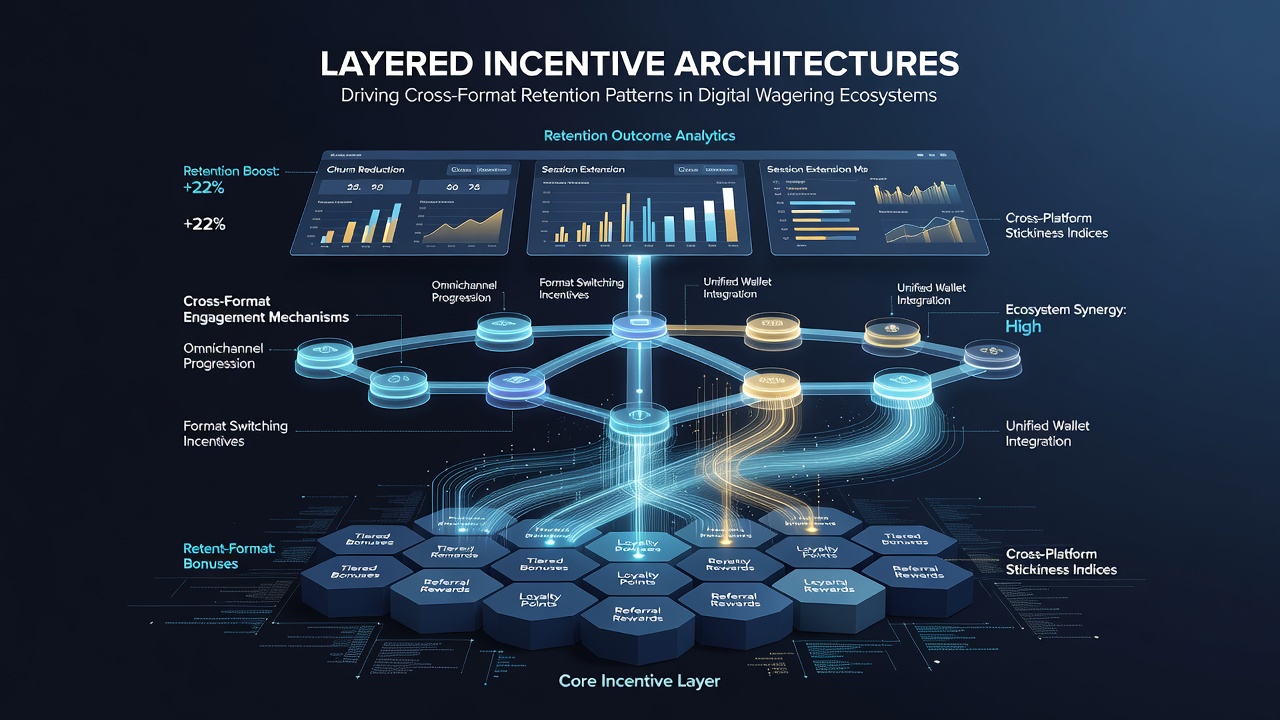 Infographic displaying retention statistics and player progression paths through layered rewards in online wagering