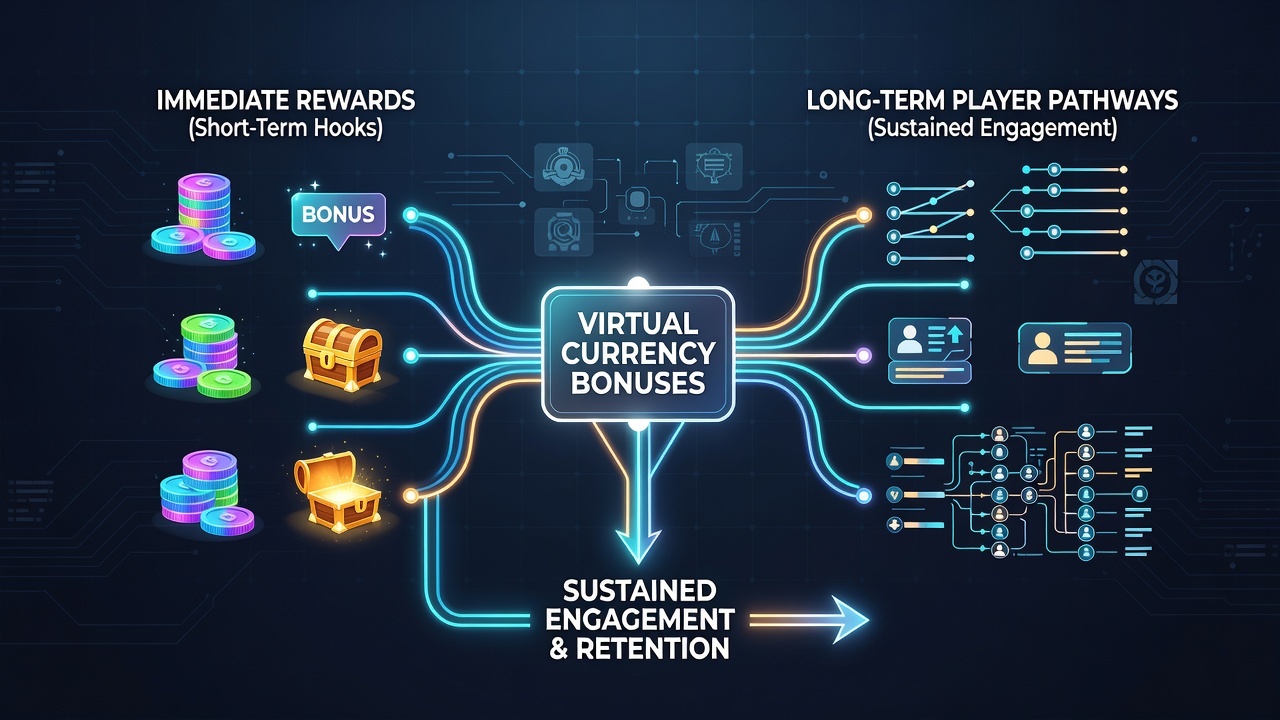 Diagram showing layered player pathways influenced by virtual currency bonuses over multiple months