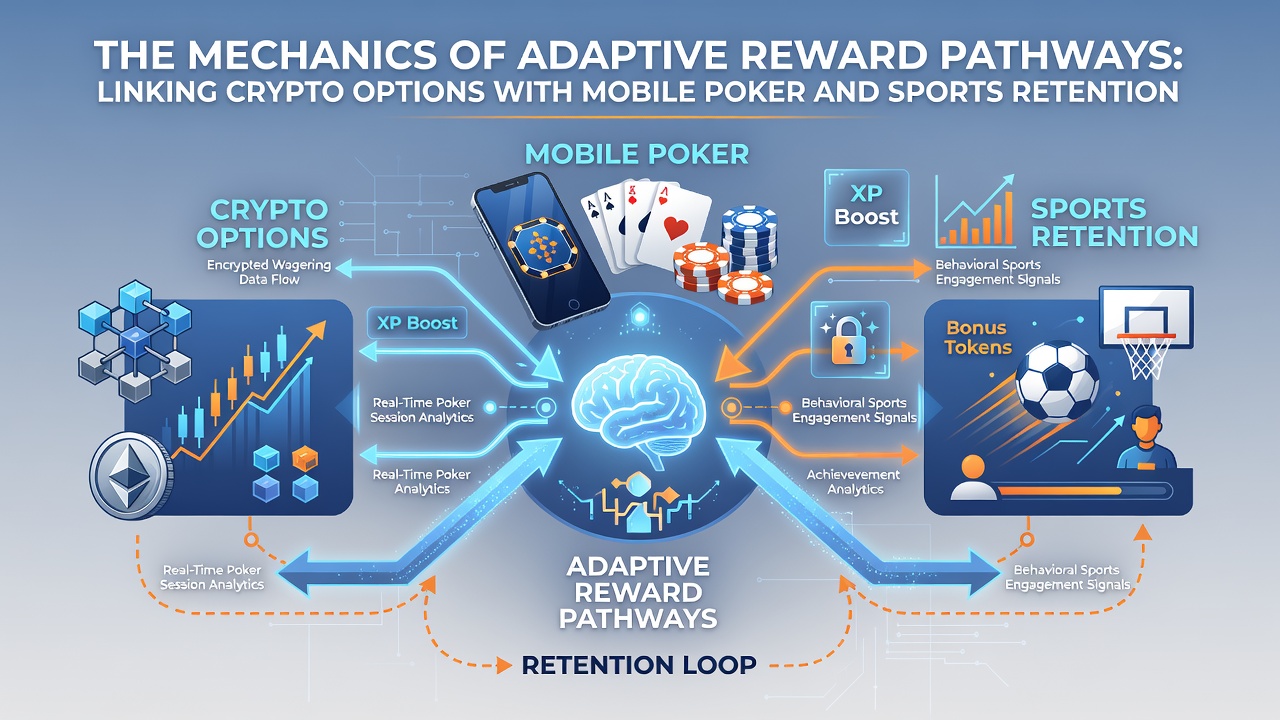 Diagram showing retention cycle mechanics between crypto rewards, poker sessions, and sports betting activity
