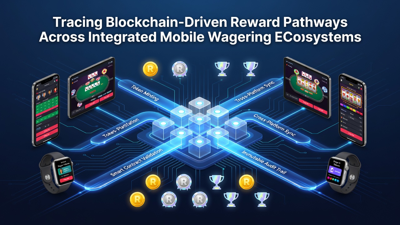 Mobile device displaying integrated wagering app with blockchain reward tracking interface