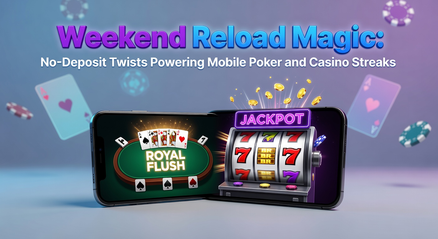 Mobile phone displaying a vibrant poker app interface with weekend reload bonus notifications and casino slot wins stacking up during a player's streak